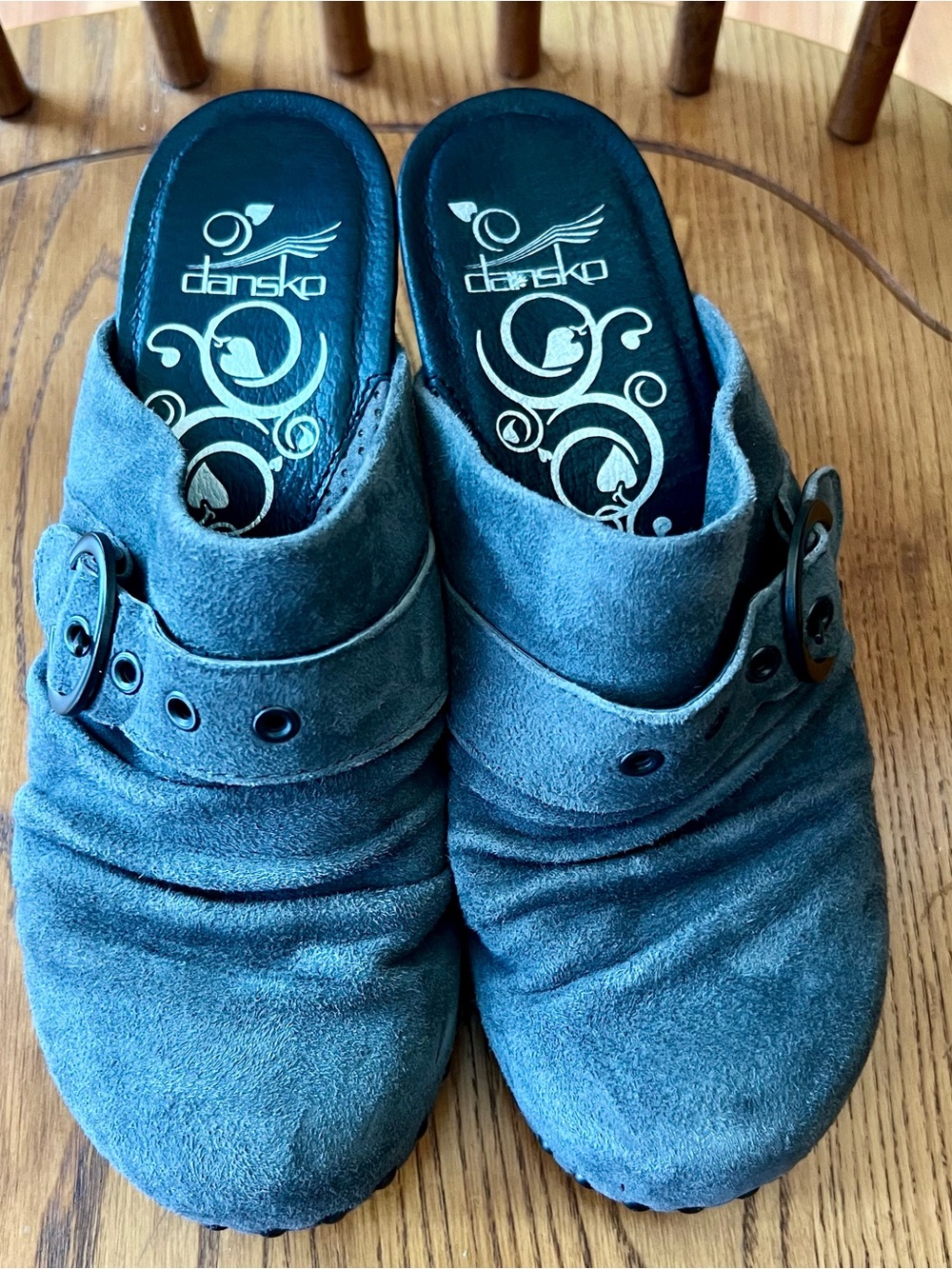 Dansko Grey Suede Buckle Clog Mules